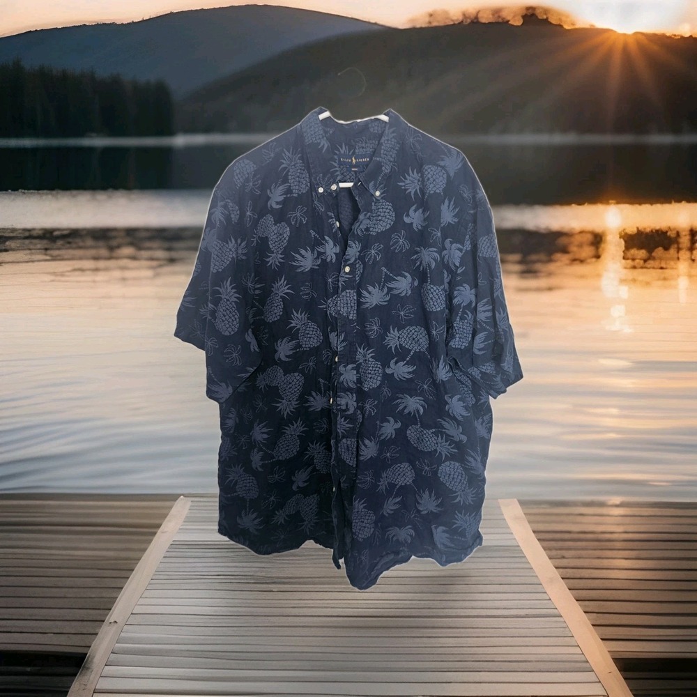 Ralph Lauren INDIGO Blue Pineapple Trees 100% Linen Shirt Men 2XLT Big